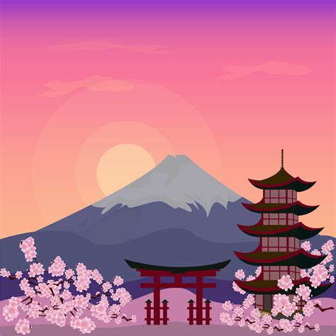 Mountain Fuji Japan Sakura View Landscape Travel Place ilustration ...