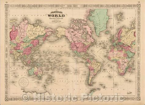 Historic Map - Johnson's Map of the World on Mercator's Projection ...