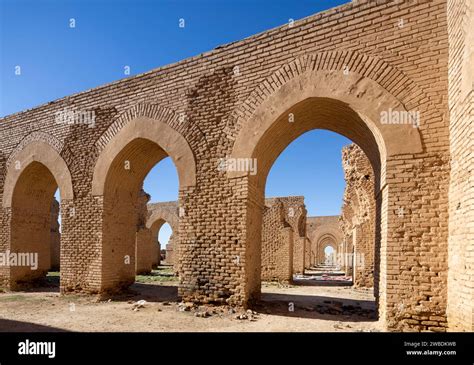 view of interior arcades, the 9th century Abbasid Abu Dulaf Mosque ...