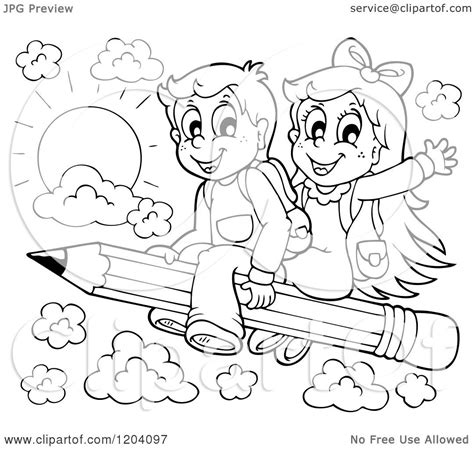 Cartoon of Black and White Happy School Children Flying on a Pencil ...