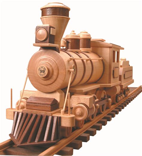 a wooden model of a train on the tracks with wheels and wood trimmings