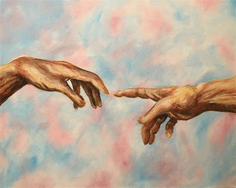 Michelangelo Hands Touching Reaching Painting Blue Art Board Print ...