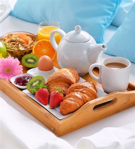 Breakfast Tray in Bed in Hotel Room Stock Photo - Image of food, fruit ...