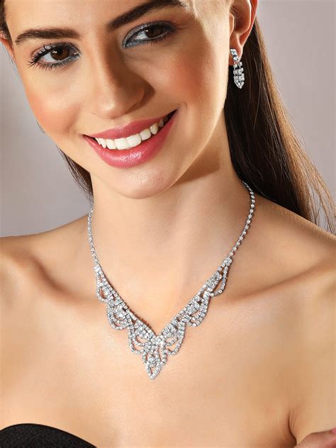 Rubans Voguish Silver Toned With Zircon Studded Jewellery Set.