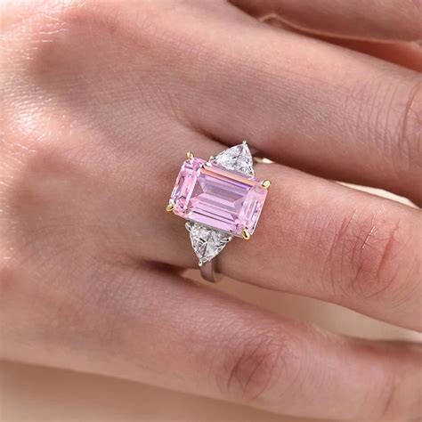 Pink Sapphire Emerald Cut Three Stone Ring with Heart Cut Side | Etsy