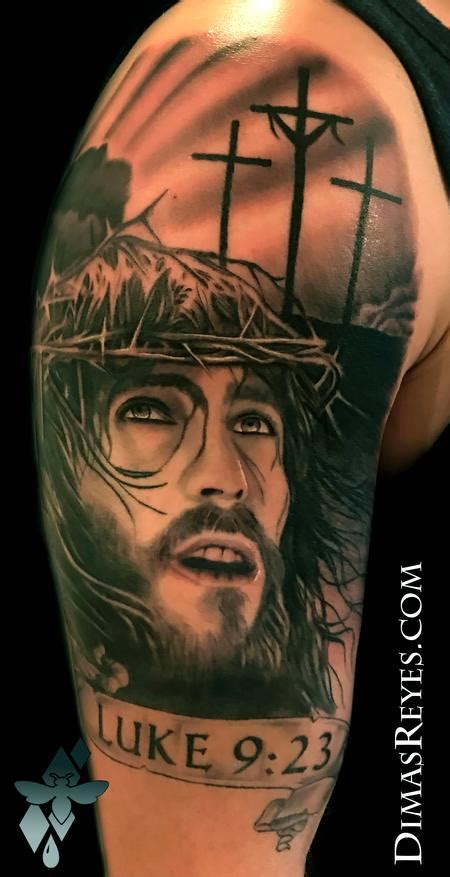 Black and Grey Jesus Christ at Calvary tattoo by Dimas Reyes : Tattoos