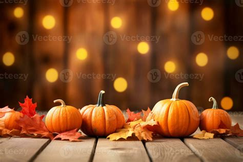 Thanksgiving background. Pumpkin and dry leaves on rustic wooden table ...