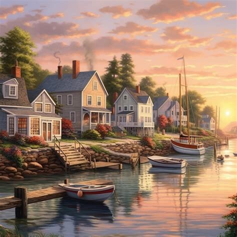 Premium AI Image | A painting of a harbor with boats and a sunset