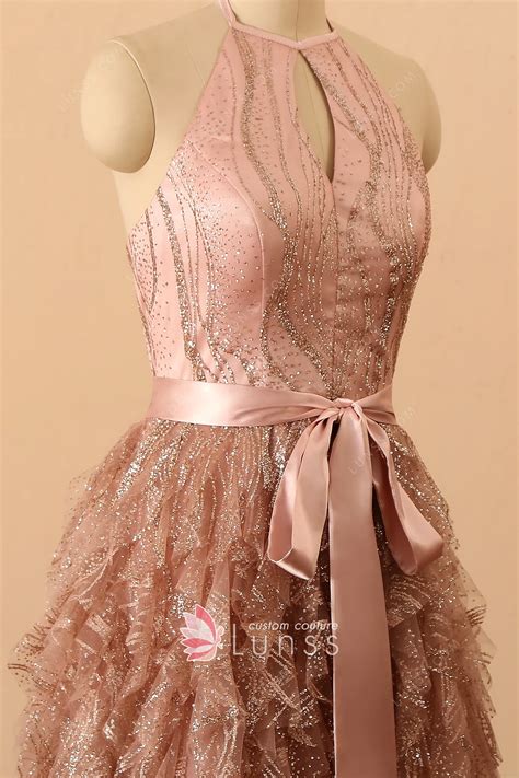 Shiny Rose Gold Glitter Ruffled Halter Hi-lo Prom Dress - Lunss