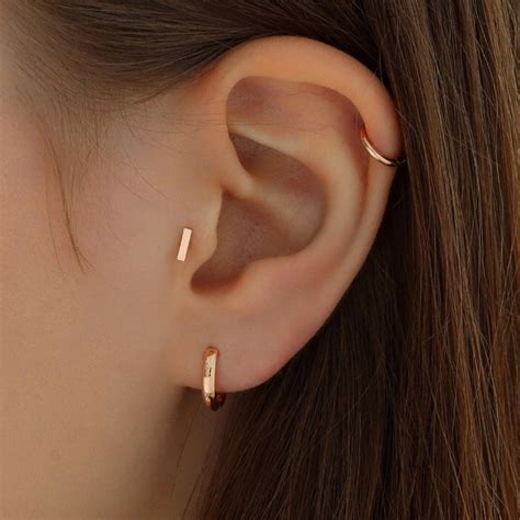 Small Bar Stud Ear Piercing 14K Gold | Musemond