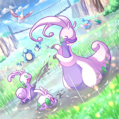 Goomy and Sliggoo splashing mud at a Goodra in the rain. I see a mudkip ...