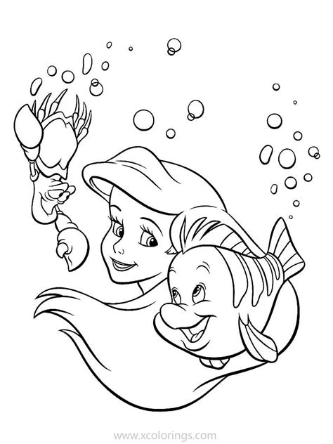 Ariel Coloring Pages with Sebastian and Flounder - XColorings.com