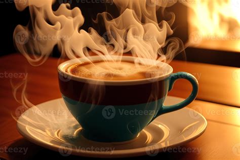 Coffee cup with steam on wooden table and black background. 22802820 ...