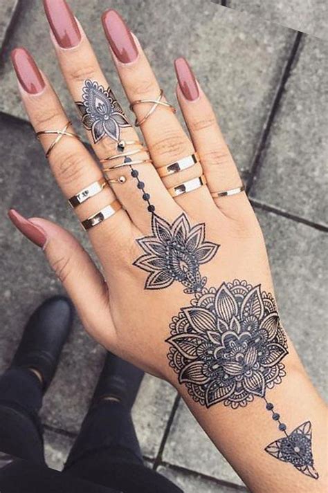 Tribal Lotus Mandala Hand Tattoo Ideas for Teens at MyBodiArt.com Black ...