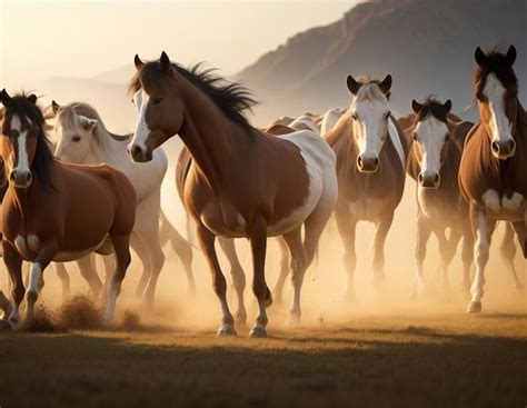 Premium AI Image | Group of horses running on the meadow in the light ...