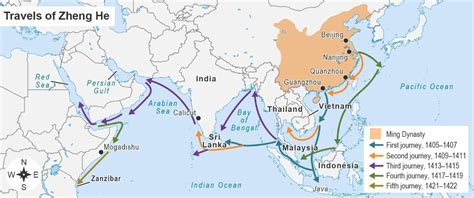 Read the map. A map titled Travels of Zheng He. A key shows the Ming ...