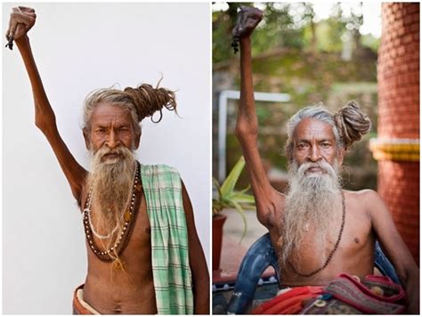 The effects of defying gravity. Sadhu Amar Bharati Raised his arm for ...