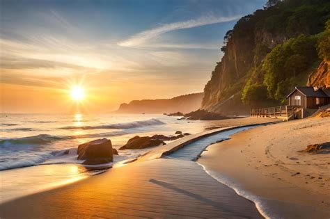 Premium Photo | A sunset on a beach with rocks and trees