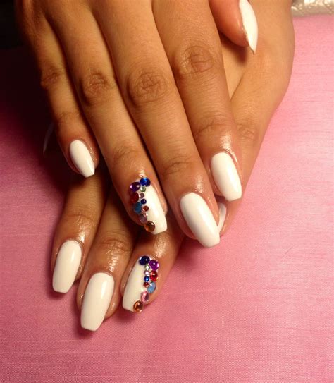 Gel overlay on natural nails white with multicolour rhinestones #nails ...