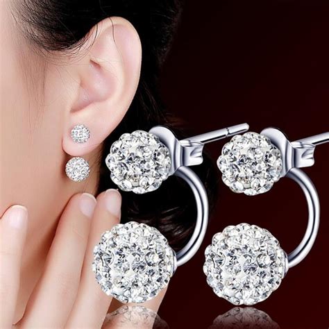 1 Pair Women Jewelry Silver Double Beaded Rhinestone Crystal Stud ...