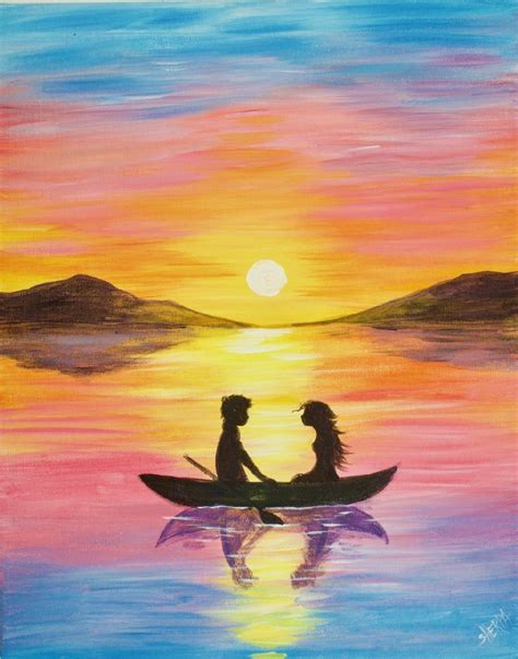 Easy painting of a Couple in a boat at sunset | Watercolor sunset ...