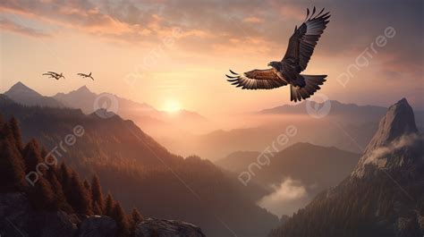 An Eagle Flying Over Mountain Scenery At Sunset Background, Fly High ...