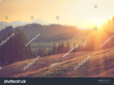 Beautiful Spring Mountain Landscape Sunrise Filtered Stock Photo ...