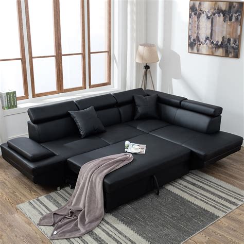 Contemporary Sectional Modern Sofa Bed - Black With Functional Armrest ...