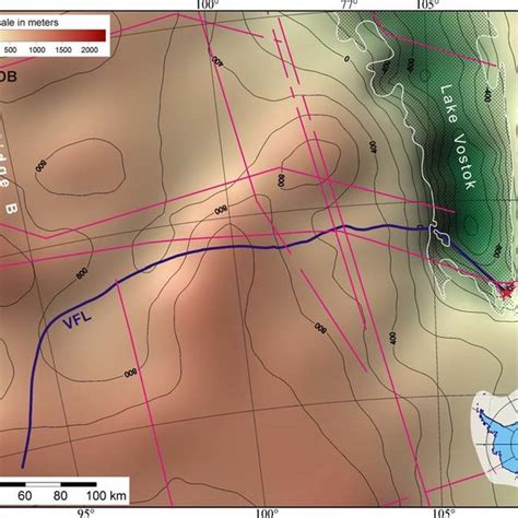 Surface elevation map of Lake Vostok vicinities [60, 92] adapted after ...