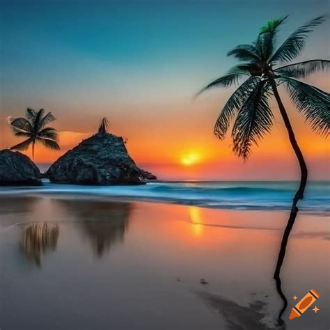 Absolutely gorgeous stunning beautiful beach scene at sunset one palm ...