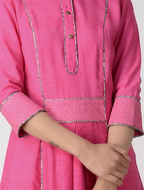 Pink Matka Silk Kurta with Top Stitch Embroidery On Kurtis, Kurti ...