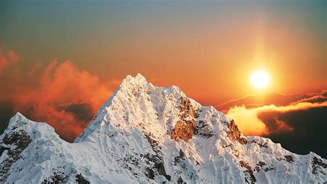 Sunset over the Snowy Mountain, sunset, snowy, Nature, mountains, HD ...