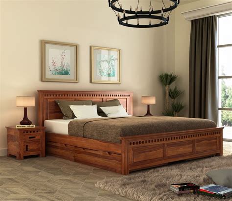 Buy Adolph Sheesham Wood Bed With Side Storage (King Size, Honey Finish ...