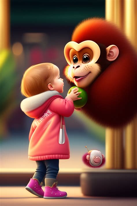 Lexica - Cartoon of a cute baby monkey stealing rambutan from a little ...