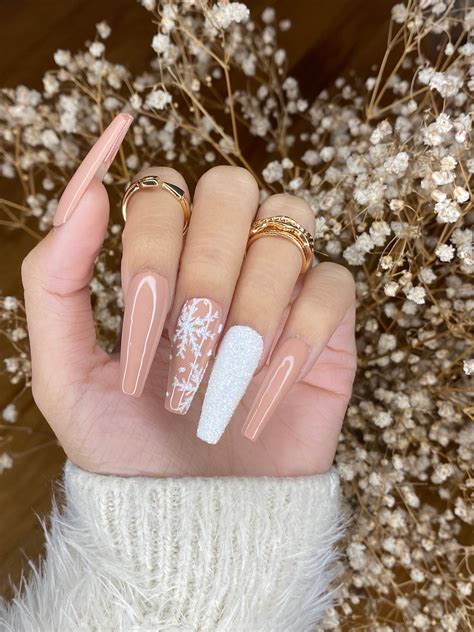 Nude and White Glitter Snowflakes Nails Design/ Coffin Press | Etsy