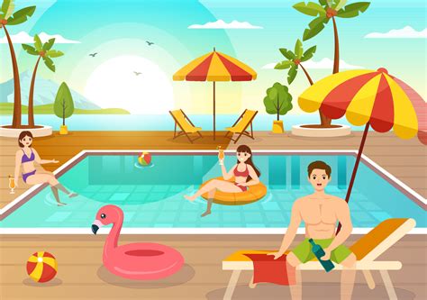 Swimming Pool Vector Illustration with Summer Vacation Landscape ...