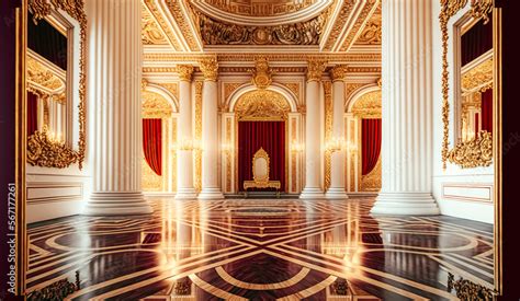 A realistic fantasy interior of the royal palace. throne room. golden ...