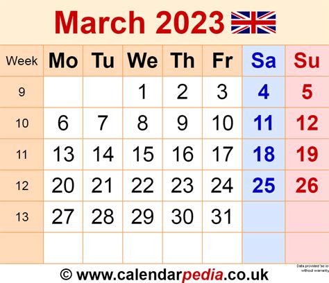 Calendar March 2023 UK with Excel, Word and PDF templates