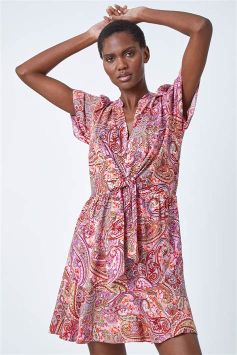 Pink Paisley Print Tie Detail Dress | Roman UK