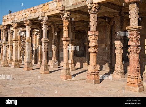 Islamic mosque with columns built from destroyed Hindu temples, Qutub ...