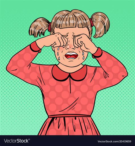 Pop art unhappy little girl crying with tears Vector Image