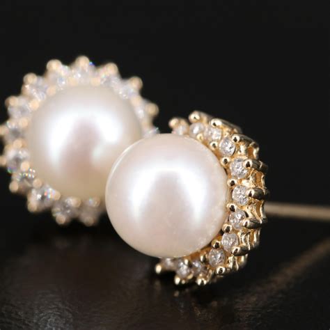 10K Pearl and Diamond Stud Earrings | EBTH