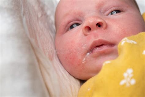 Newborn Baby Girl Drooling Close-up on White Background Stock Photo ...