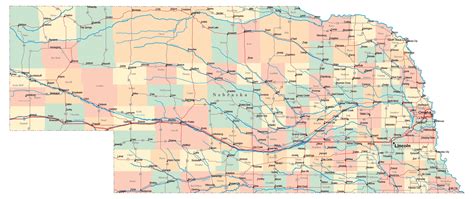 Laminated Map - Large administrative map of Nebraska state with roads ...