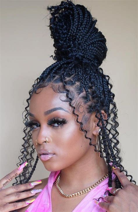 Knotless Bohemian Braids in High Bun Small Box Braids Hairstyles, Box ...