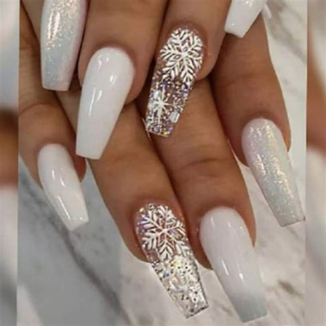 Press on Glossy White Fake Snowflake Full Cover Acrylic Nail Christmas ...