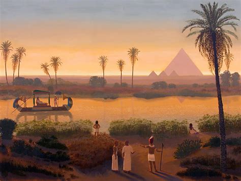 Sunset on the Nile at Giza Pyramids Ancient Egypt Egyptian Art Hand ...