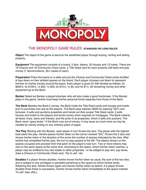 THE MONOPOLY GAME RULES: STANDARD OR LONG RULES