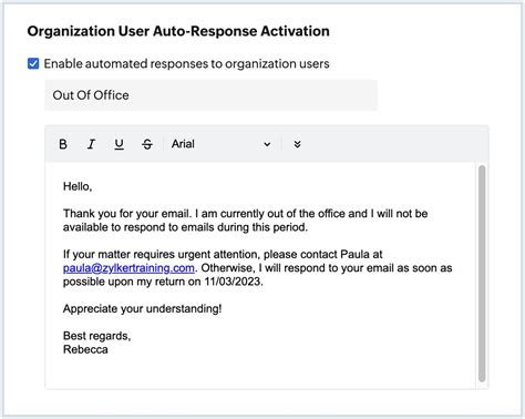 Out of office message configuration - Zoho Mail