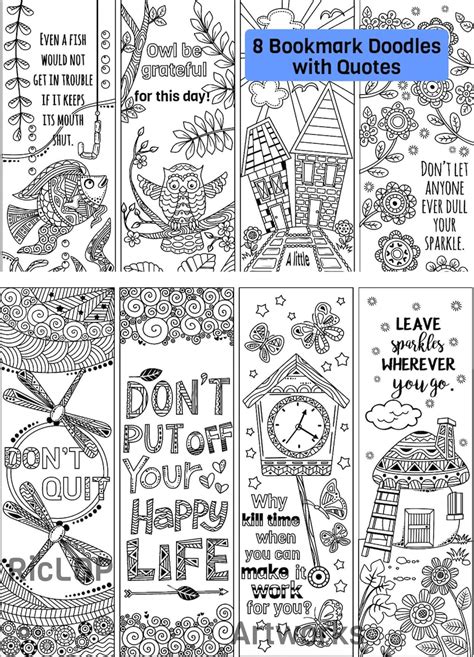 Set of 8 Coloring Bookmark With Quotes Marker Doodles DIY Printable ...